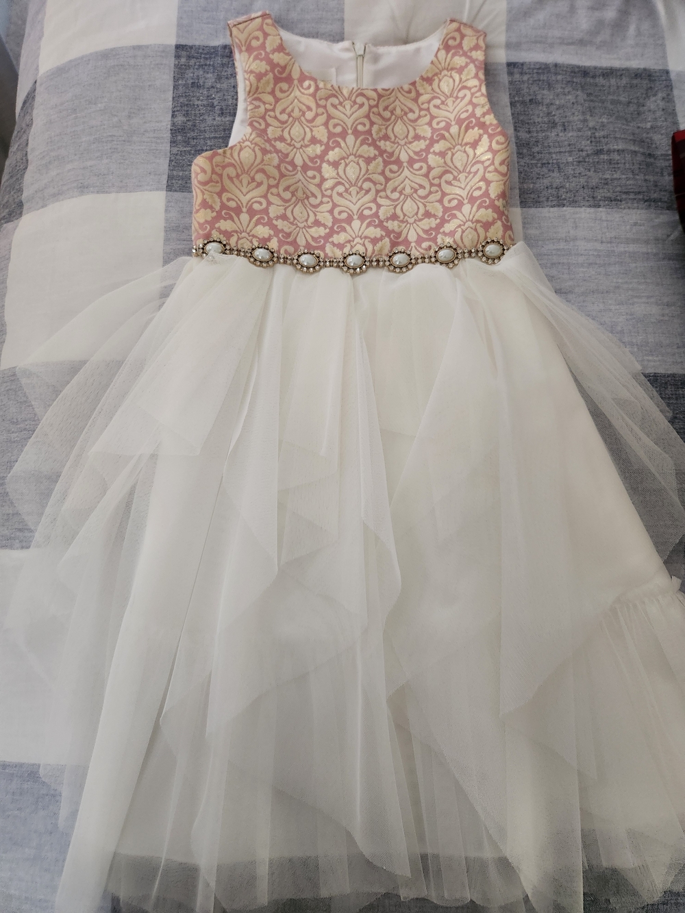 American Princess Girls Pink White Floral Jacquard Tulle Dress Sz 6X EUC